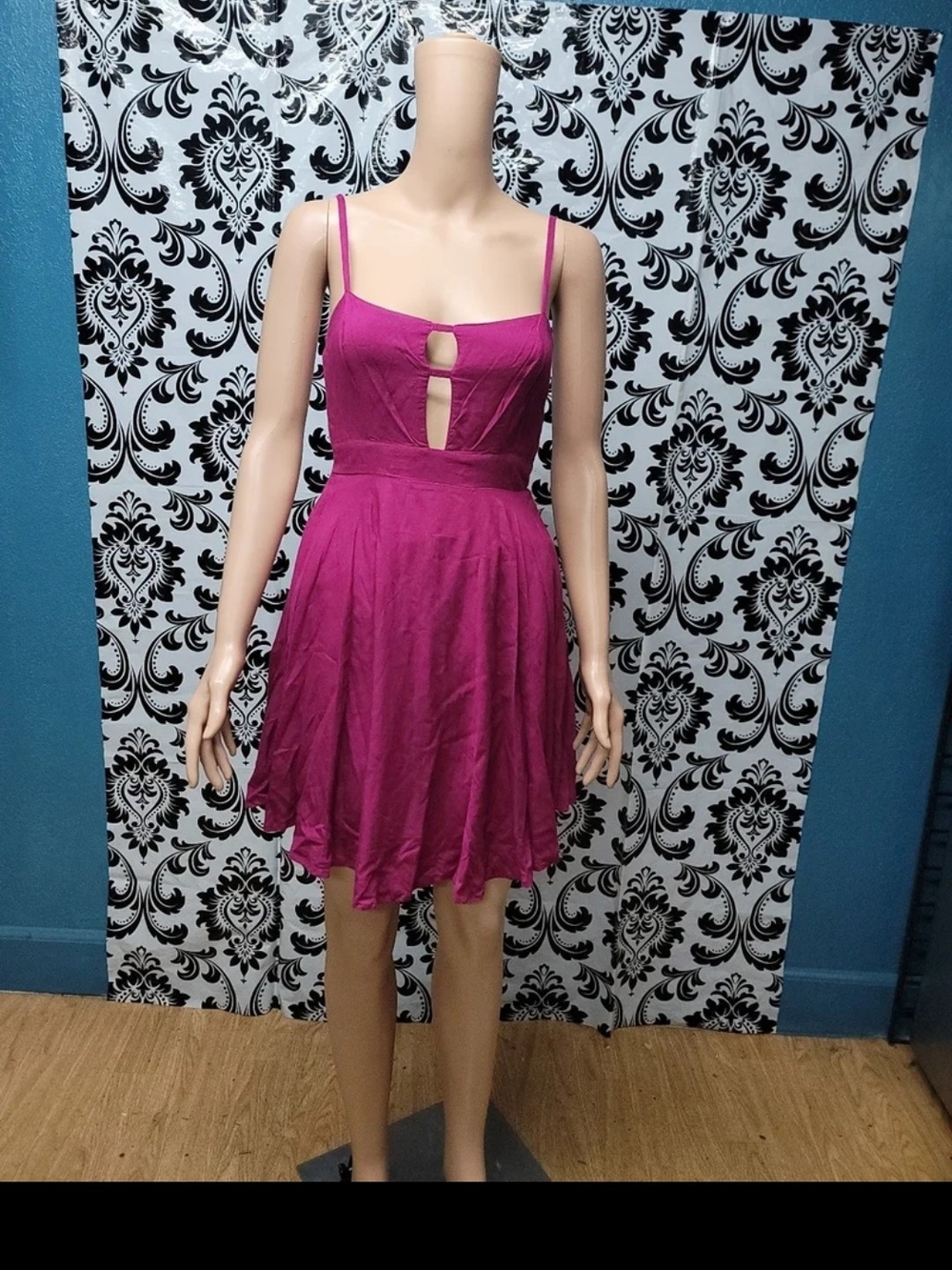 Spaghetti-Strap Magenta Mini Dress with Front Cutout